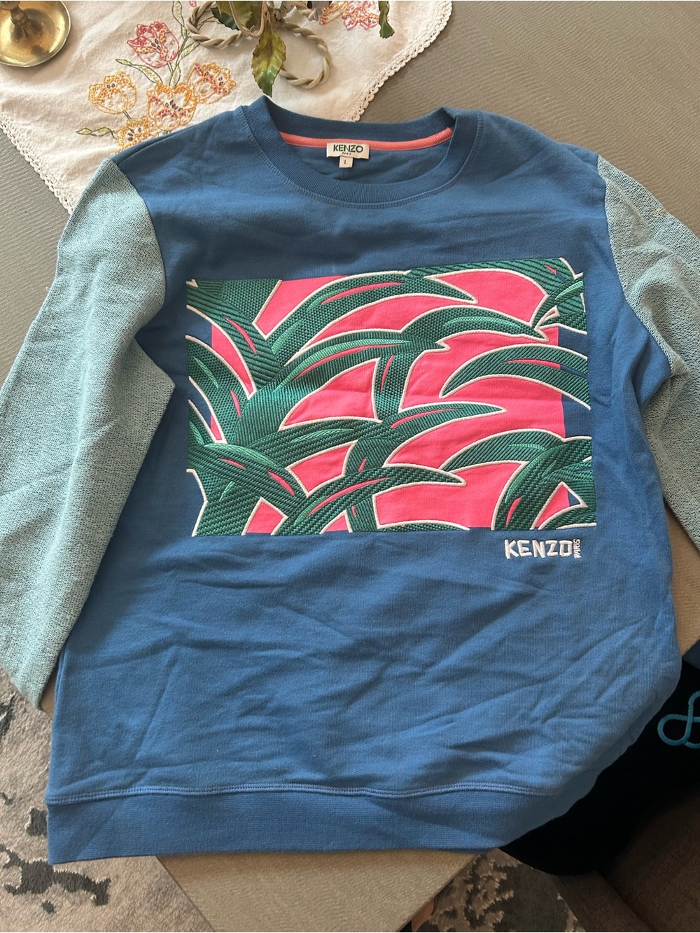 Kenzo Blue Sweatshirt marked L but runs very small has snags stains overall GUC